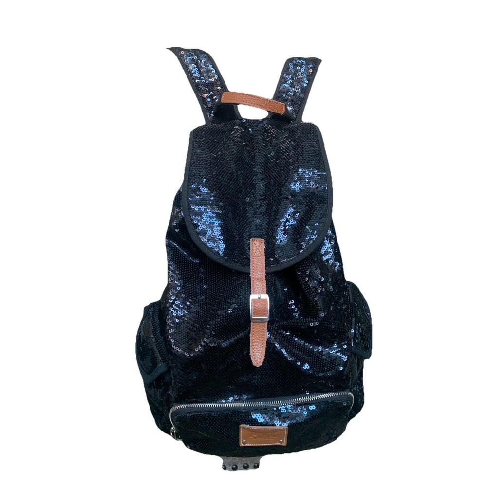 Victoria Secret PINK Blue  Sequin Drawstring Backpack Black Glitter Glam